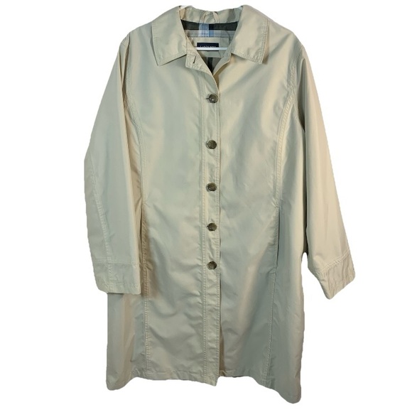 Lands End Tan Trench Coat Rain Jacket Khaki Plaid Lined Women XL Light READ - Picture 1 of 12
